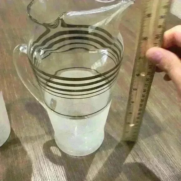 MCM West Virginia Glass Silver Nip Frost Ringed Cocktail Shaker/Pitcher/Glasses - Picture 4 of 9